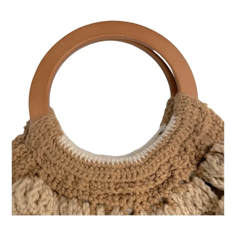 Vintage Handmade Floral Crochet Granny Style Bag, tan /cream wooden handles